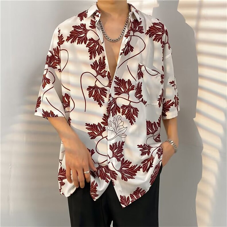 酒红色冰丝花衬衫男士短袖夏季薄款潮牌高级感夏威夷度假风衬衣服,男装衬衫,星座1116-2