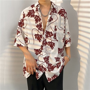 酒红色冰丝花衬衫男士短袖夏季薄款潮牌高级感夏威夷度假风衬衣服图片