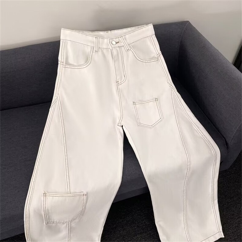 美式复古明线解构白色cleanfit弯刀牛仔裤男宽松休闲宽松阔腿裤，男装牛仔裤，星座601-1