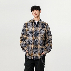 扎染格子衬衫男长袖春季美式复古休闲衬衣外套星座812-CY552-P58，男装衬衫，星座812