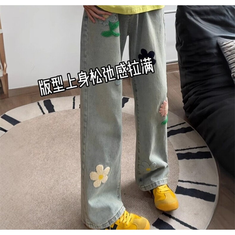 花朵刺绣微喇牛仔裤欧美嘻哈炸街裤子男女高级感设计感直筒休闲裤图片