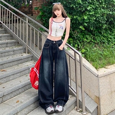大码胖mm美式复古刺绣弯刀牛仔裤女夏季设计感小众宽松阔腿拖地裤，男装牛仔裤，四季星座505