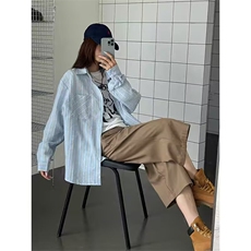 韩版秋装新款气质时髦细条纹长袖衬衫女宽松慵懒显瘦清新减龄衬衣，男装衬衫，星座506A