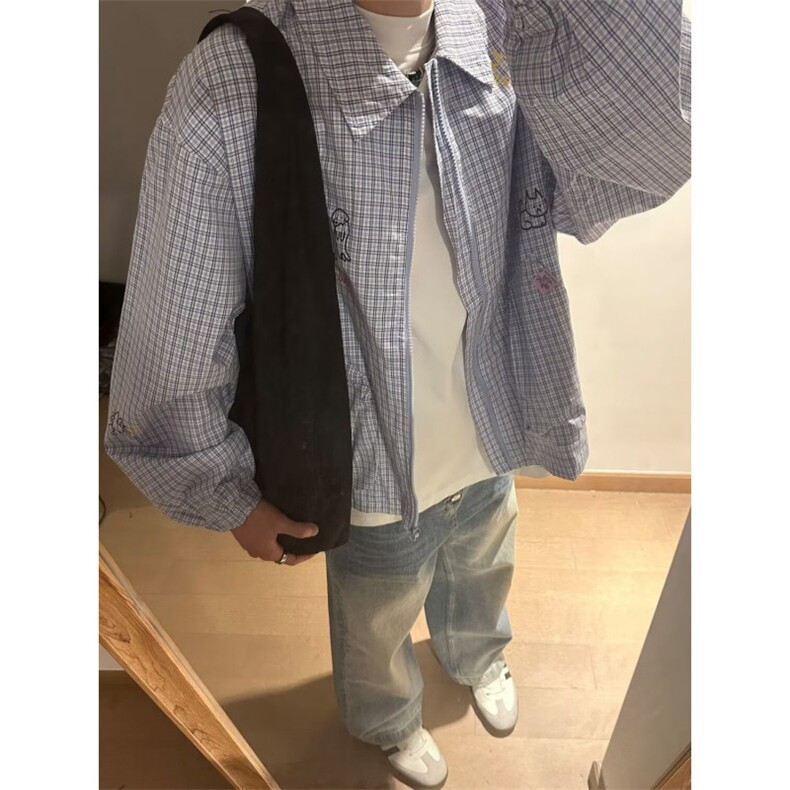 趣味小狗刺绣格子长袖衬衫女甜美百搭宽松高级感休闲衬衣,男装衬衫,星座506A