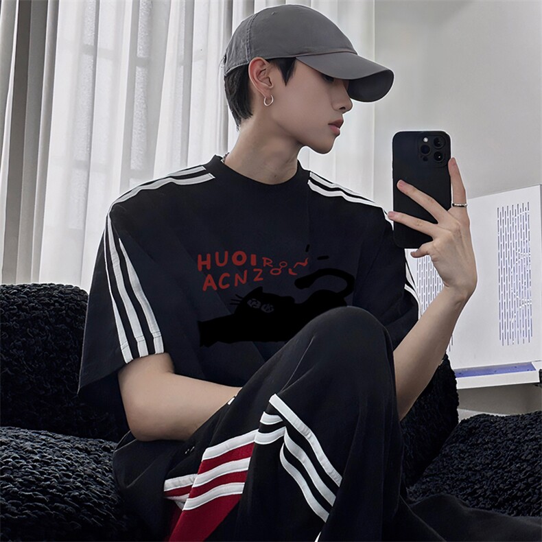 夏季美式高街重磅纯棉三条杠织带撞色男女短袖T恤STG301特P25,男装T恤,电商A486
