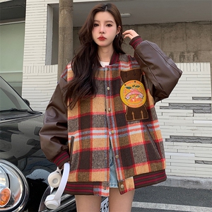 秋季新款复古港味格子棒球服外套女长袖宽松刺绣棒球服C341-90图片