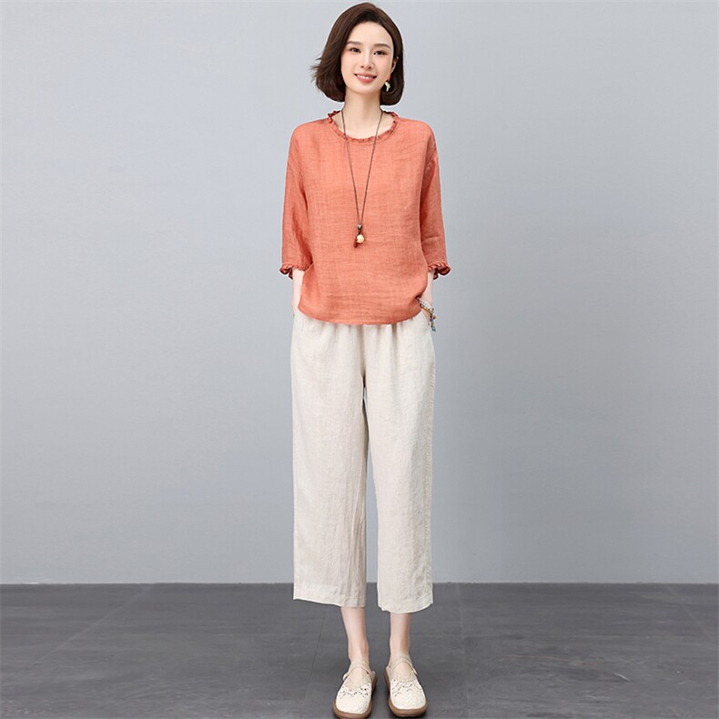 棉麻休闲套装女夏装2025夏季新款妈妈高端洋气时尚宽松苎麻两件套,女装套装/套裙,独衣靓