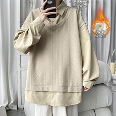 假两件套头拼接卫衣男士大码港风翻领长袖衬衫W321J加绒-P65控98，男装衬衫，电商A001