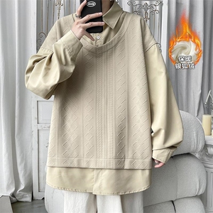 假两件套头拼接卫衣男士大码港风翻领长袖衬衫W321J加绒-P65控98图片
