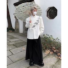 新中式白色垫肩西装外套男秋季国风水墨竹叶立领西服盘扣中山唐装，男装西服，电商B288