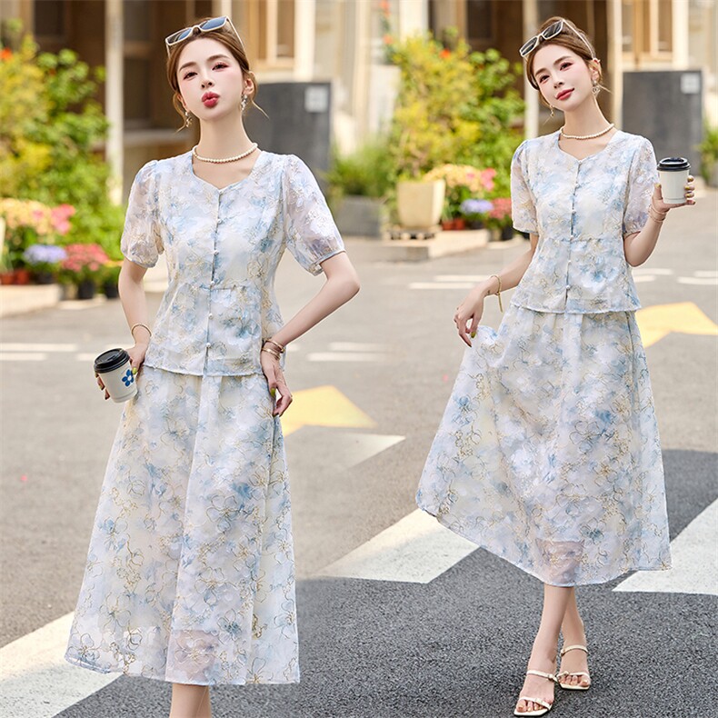 2025夏季新款时尚印花连衣裙女款高级感气质减龄韩版短袖两件套，女装套装/套裙，罗得堡