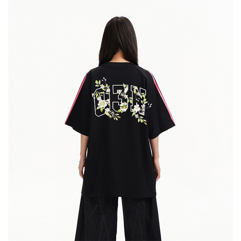 抖音得物高品质二开240克宽松纯棉美式潮牌三条杠织带短袖T恤图片