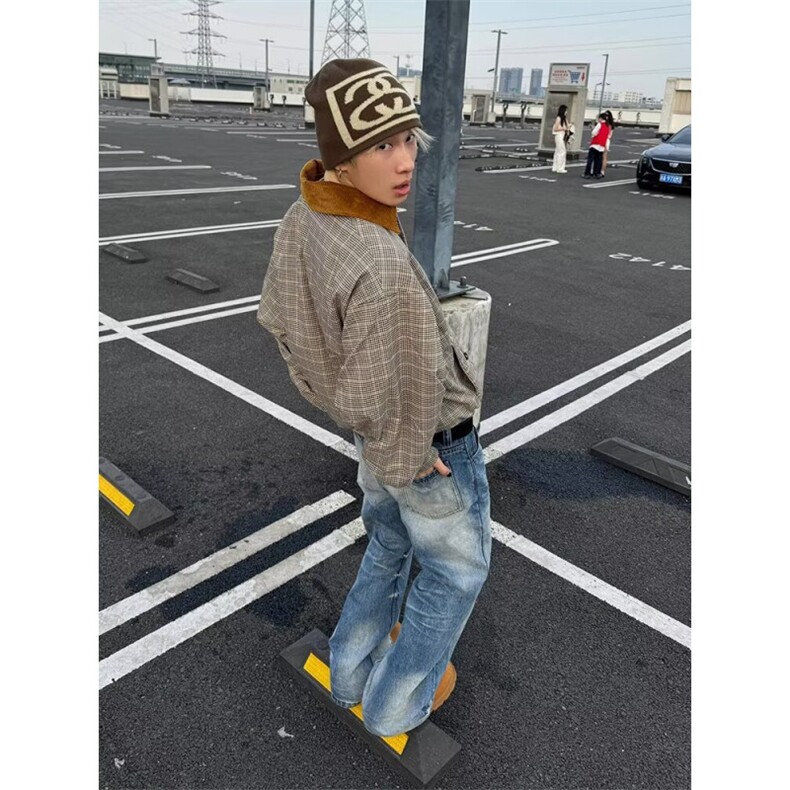 2025美式千鸟格灯芯绒领格纹男女外套廓形宽松复古翻领夹克,男装夹克,四季星座505
