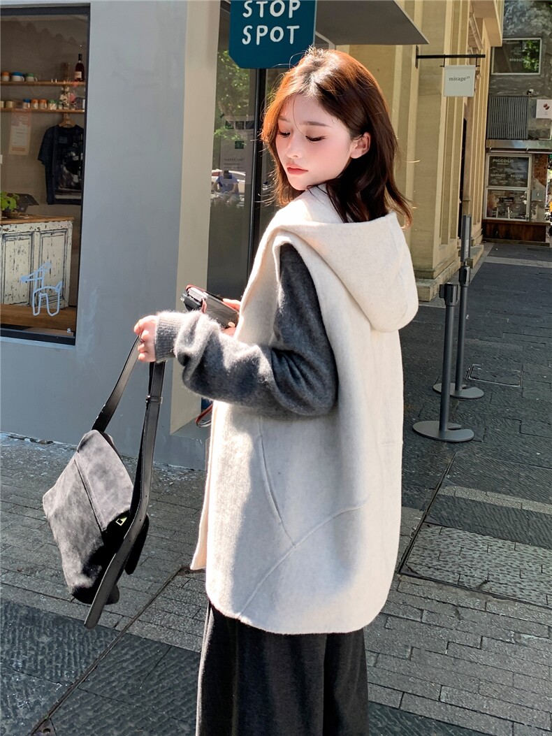 现货主推新款双面羊毛呢连帽百搭宽松休闲羊毛马甲女外套,女装双面呢大衣,丝露依尚（原SL）