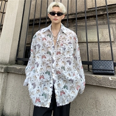 2025新款防晒衫蝴蝶印花流苏设计感长袖衬衣男韩版宽松衬衣潮P48，男装防晒衣，电商C307A
