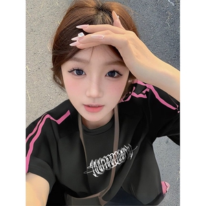 抖音得物品质二开240克宽松纯棉美式潮牌印花三条杠中性风短袖T恤图片
