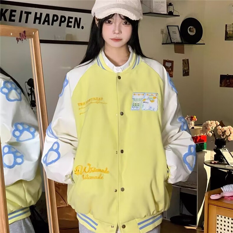 潮牌猫咪刺绣撞色棒球服男女春秋新款情侣加厚外套HH016P75,女装短外套,星座1013-5