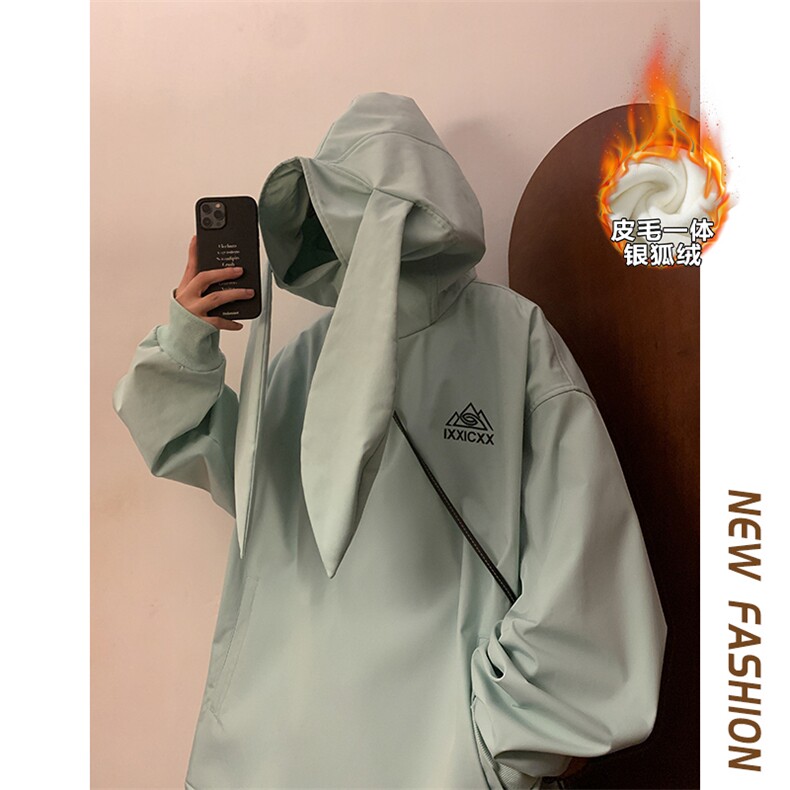 冬款青少年防风防水兔耳朵中性男女保暖银狐绒滑雪服外套M38-P125,男装棉衣,电商A001