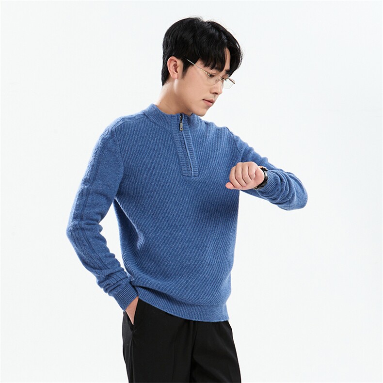 圆领2024年秋季纯色长袖时尚都市套头羊毛衫半高拉链，男装羊毛衫，牧绒家园高端店