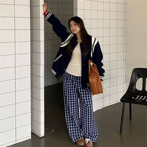 美式高街潮牌男女泡泡格子休闲裤直筒宽松慵懒显瘦阔腿休闲长裤子图片