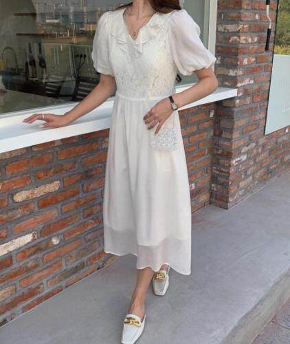 夏季新款领口带荷叶边连衣裙，女装连衣裙，墨初