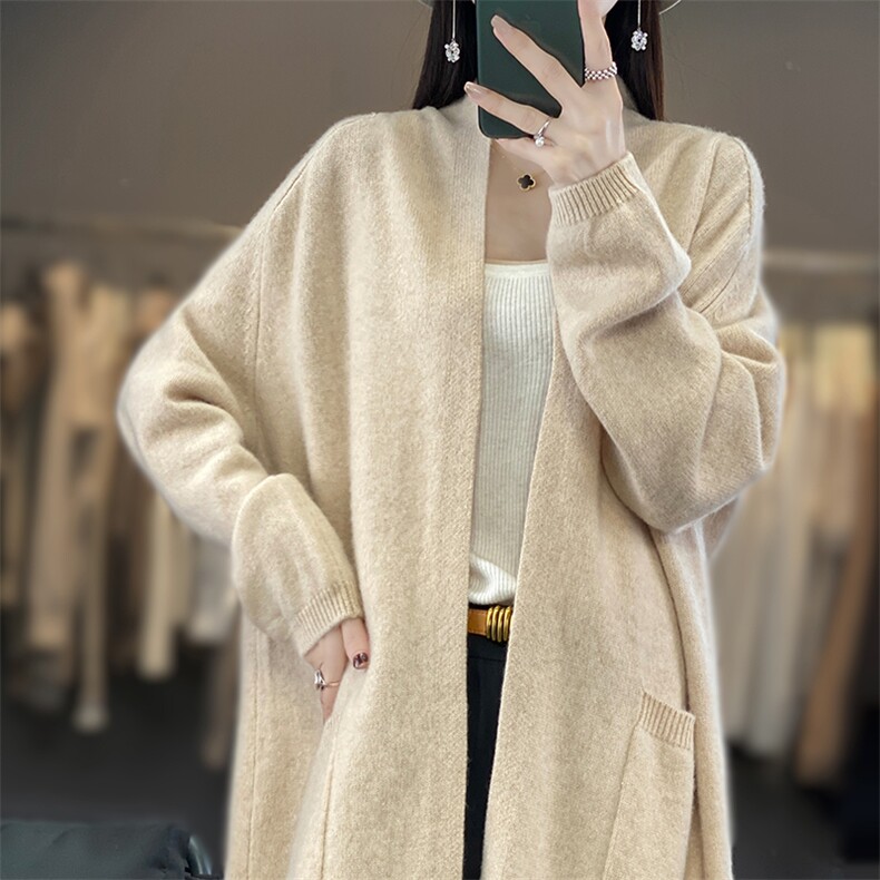 长袖口袋宽松垂感中长款针织开衫女羊毛毛衣外套",女装羊毛衫,宋氏羊绒