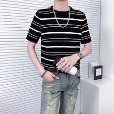 春夏季短袖针织衫男条纹痞帅洋气半袖打底衫男生轻熟风TM21，男装针织衫/毛衣，星座1116A-2（原606A-1）