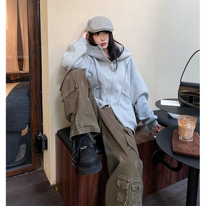 抖音得物高品质秋冬美式高街重磅结构辑明线纹理连帽卫衣外套W111图片
