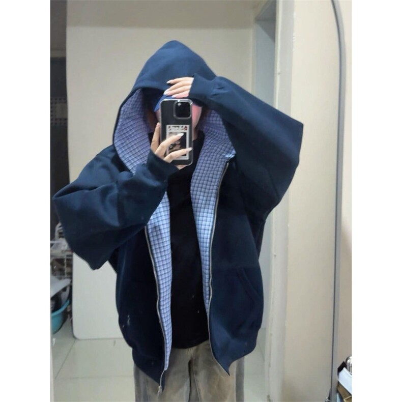 学院风拼接格纹连帽卫衣男女韩版宽松学生开衫独特外套-Y3178,女装短外套,星座601-1