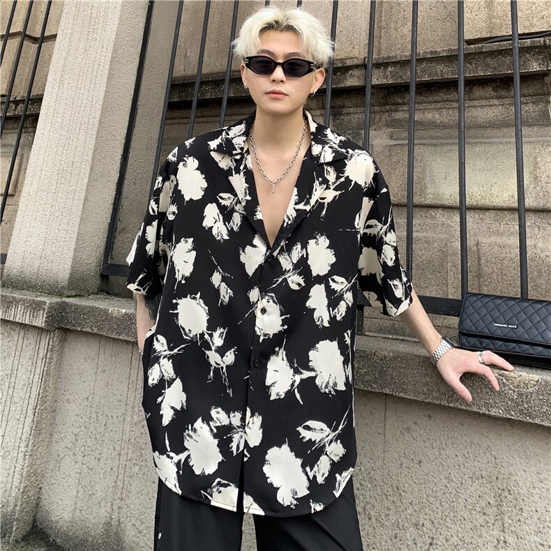 潮冰丝短袖衬衫男夏季港风度假沙滩古巴领碎花休闲衬衣潮款P48图片