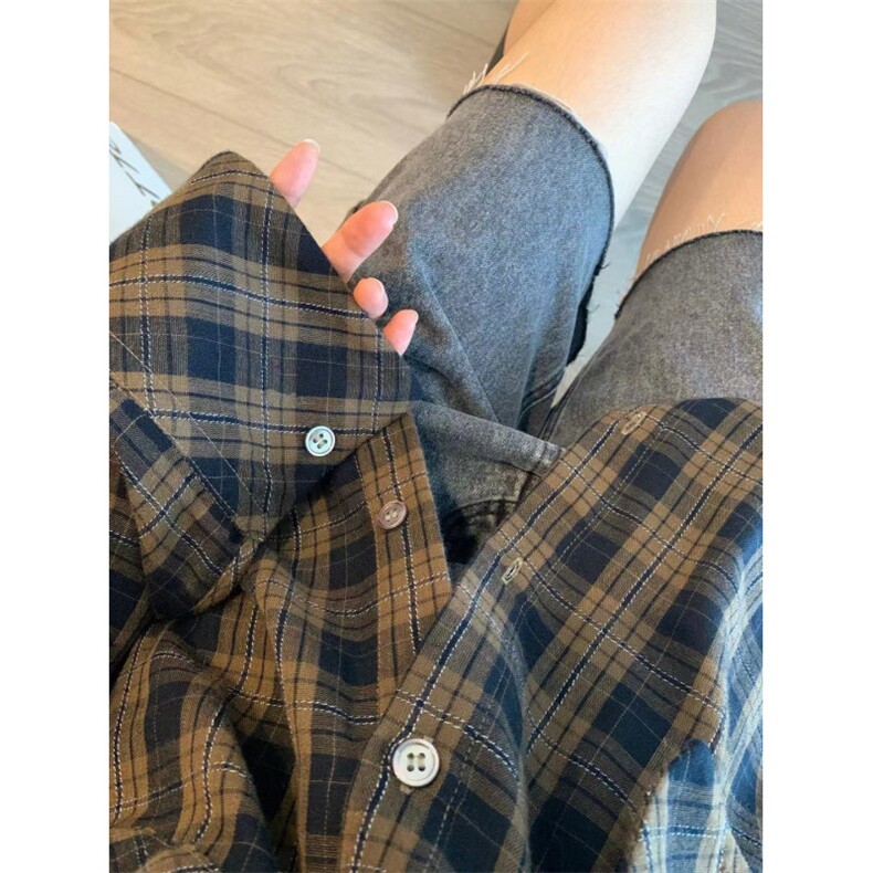 TC729-P45春秋长袖格子衬衫女复古设计感宽松显瘦学生上衣,男装衬衫,星座617A-2