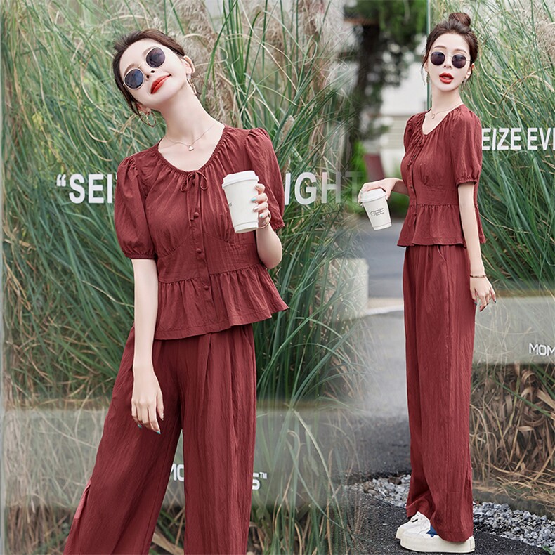 现货2026年夏季新款时尚气质显瘦轻薄舒适上衣阔腿裤套装两件套，女装套装/套裙，尚洛菲