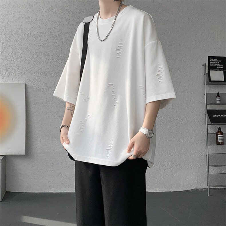 T10137-特批33  控68 开口笑高品质夏季大码短袖破洞潮流百搭T恤图片