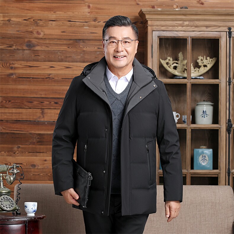 中老年羽绒服男士中长款加厚防寒中年休闲白鸭绒连帽可脱卸外套,男装羽绒服,钱塘6003（原4033）