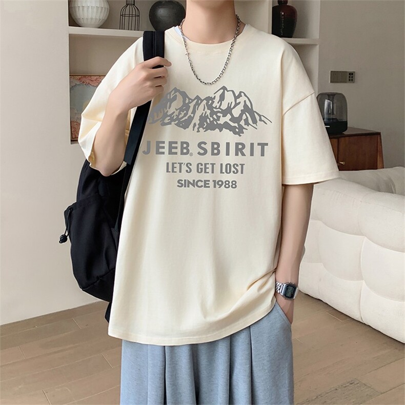 新款夏季男装纯棉短袖T恤落肩款印花 时尚休闲宽松上衣图片