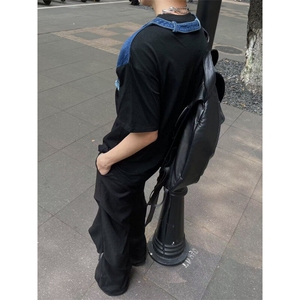 夏季潮牌个性牛仔拼接短袖设计感宽松半袖T恤 -T39-网络图图片