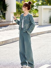 新中式国风印花牛仔时尚套装女2025春季新款复古盘扣气质两件套潮，女装套装/套裙，欣品汇