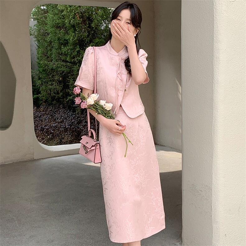 2024年夏季新款时尚气质新中式手工盘扣两件套连衣裙，女装连衣裙，心心服饰