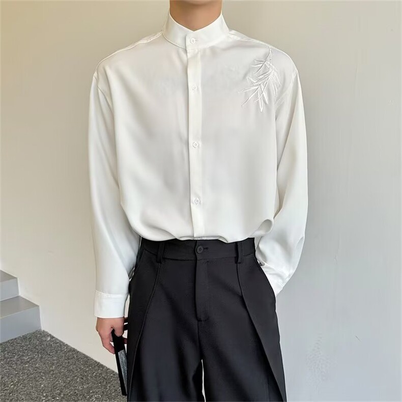 春季竹叶刺绣新中式唐装痞帅复古风长袖衬衫男潮流立领中山装，男装衬衫，星座506A