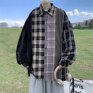 美式复古宽松bf长袖格子衬衣外套潮牌情侣拼接撞色衬衫 W3424-P45图片