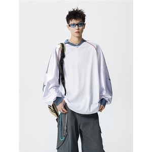 可二开美式POLO衫大码M-5XL拼接V领球衣长袖T恤男CX78111P45控69图片
