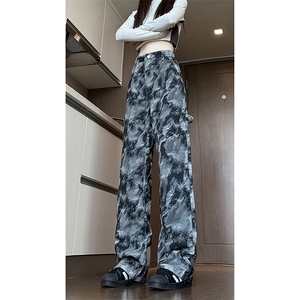 现货 美式复古迷彩工装裤女宽松直筒提花牛仔裤男 K5822-P50 控78图片