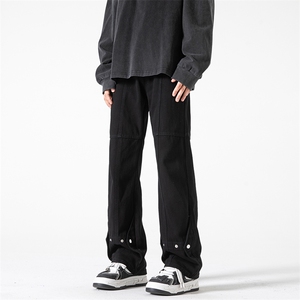 现货 美式机能牛仔裤高街微喇裤铆钉纽扣拼接牛仔裤K2301P65控88图片