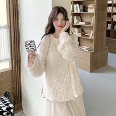 米白色小香风流苏毛毛上衣女2025春秋季新款韩版显瘦好看套头上衣，女装大码女装，浙宝208