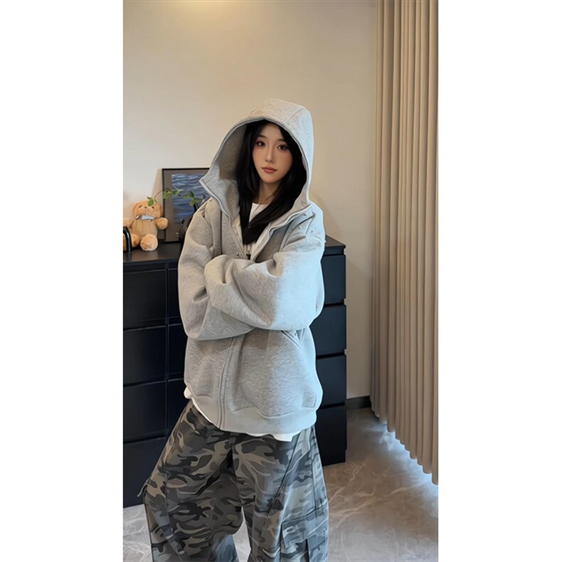 抖音得物高品质二开26春装美式高街铆钉拼接纯色开衫卫衣外套W122,女装短外套,电商A486-1