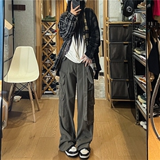 美式复古多口袋做旧工装裤女街头宽松显瘦直筒长裤潮K0202-P45，男装休闲裤，星座308B-1