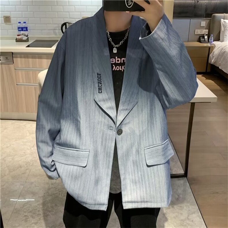 抖音品质春男西装一粒扣字母刺绣条纹西服外套JK3504P65,男装夹克,星座1013-1