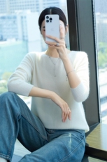 时尚优雅小清新圆领羊绒衫温柔气质修身显瘦毛衣，女装羊绒衫，百越羊绒