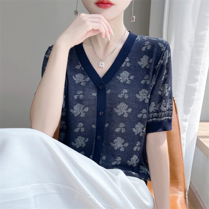 夏季新款天丝提花V领假开衫女宽松百搭显瘦时尚休闲上衣,针织衫/毛衣,暖娇绒