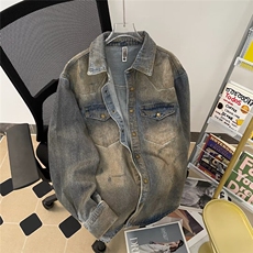 复古蓝牛仔衬衫外套男废土风重磅外套做旧N985P70，男装衬衫，星座1116-2
